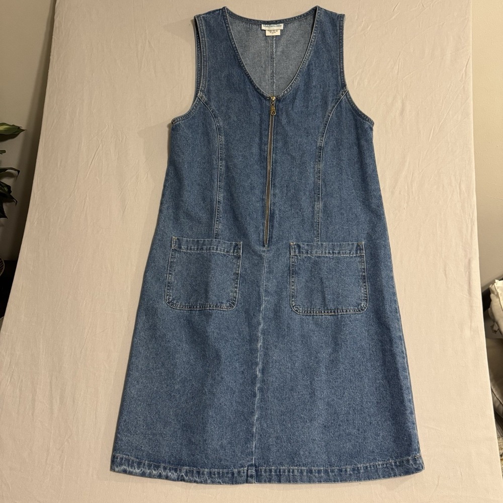 VTG MARK FORE STRIKE Denim Dress Jumper Zip Up V-neck Pockets Womens 12 USA made